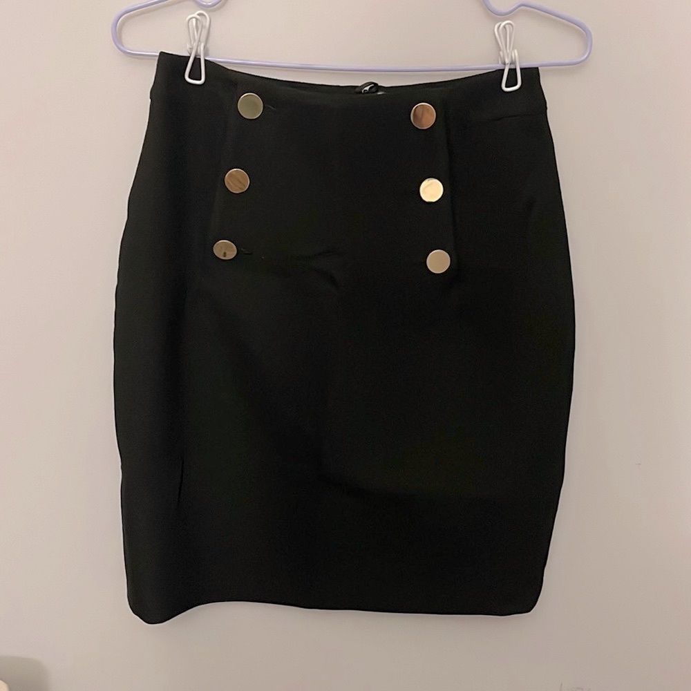 H&M Mid Length Black Pencil Skirt with Gold Buttons Size 2